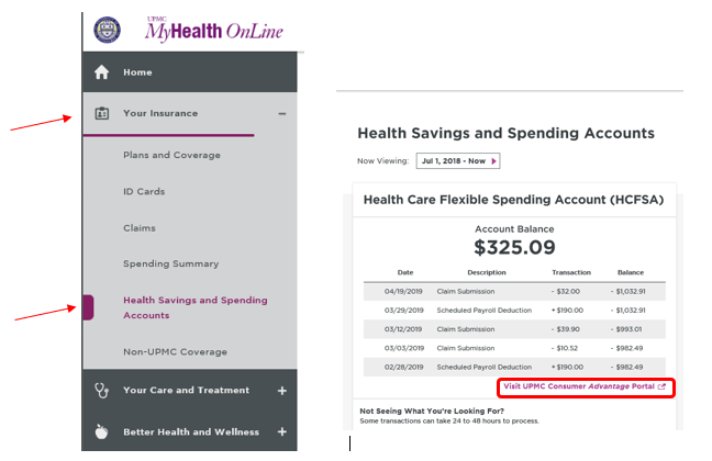 Screenshot of MyHealth Online with red box around the Visit UPMC Consumer Advantage Portal to view detailed account information for various health spending accounts.
