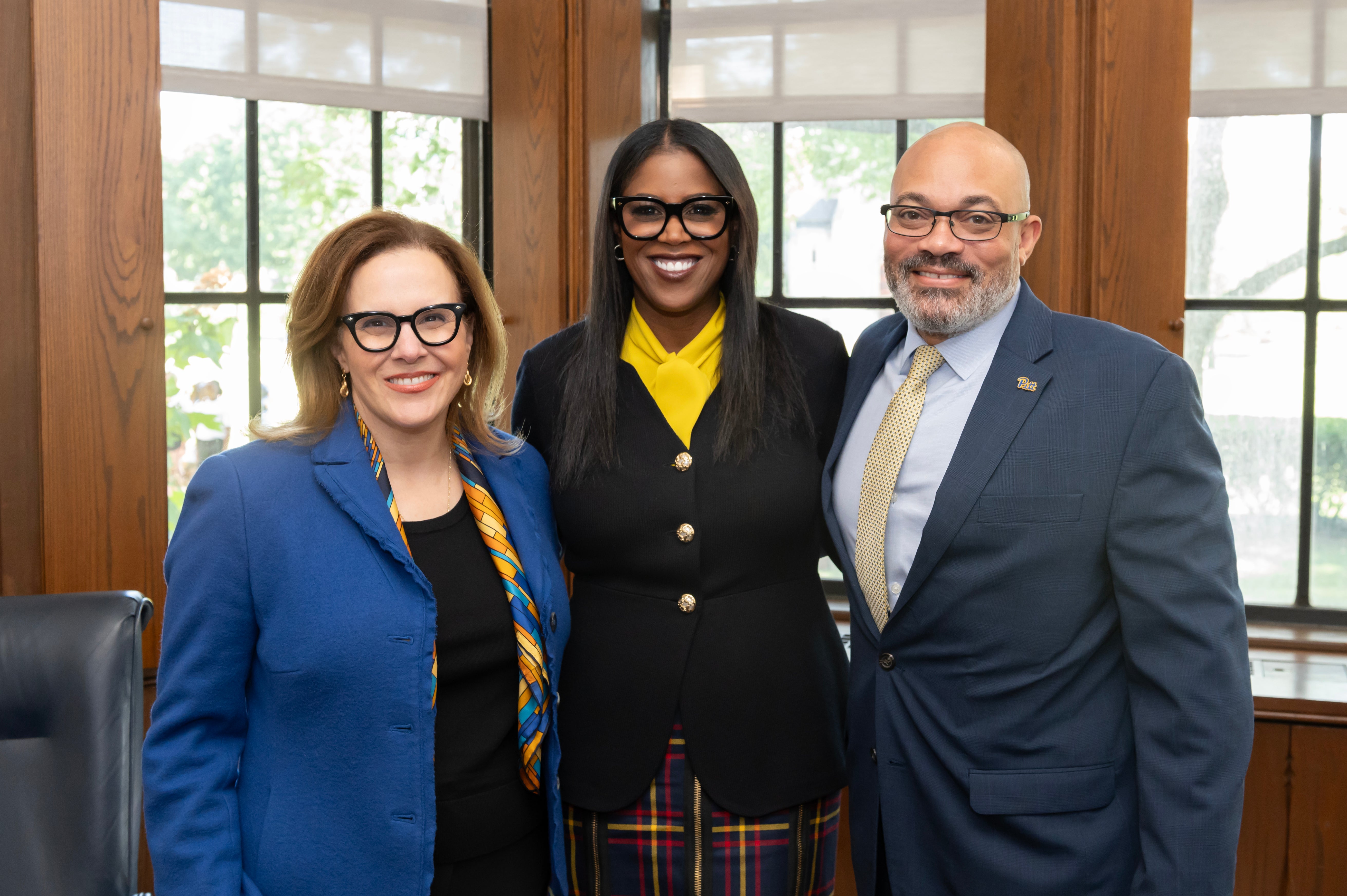 Pitt Chancellor Joan Gabel, TIAA President and CEO Thasunda Brown Duckett, and Pitt Vice Chancellor for Human Resources James W. Gallaher Jr.