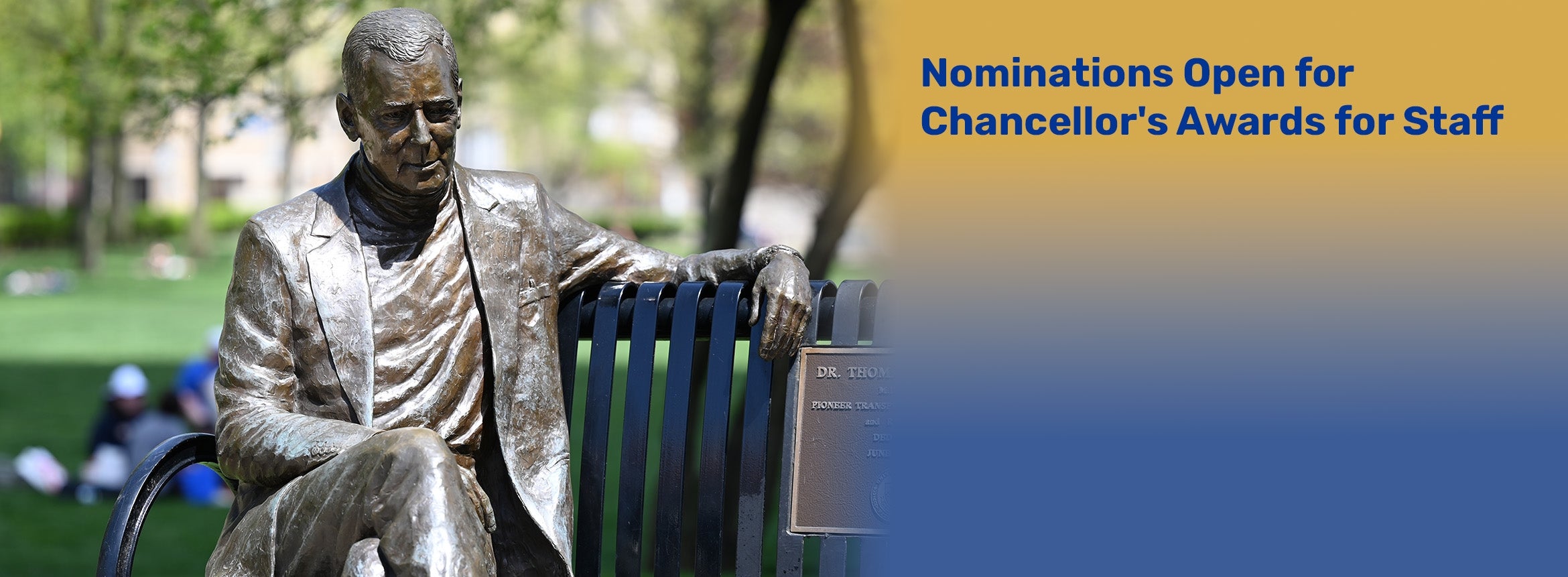 Statue of Dr. Thomas Starzl outside Pitt's Cathedral of Learning with text overlay: Nominations Open for Chancellor's Awards for Staff