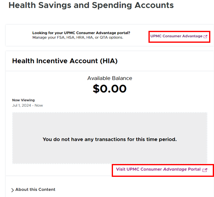 Screenshot of MyHealth Online with red box around the Visit UPMC Consumer Advantage Portal to view detailed account information for various health spending accounts.